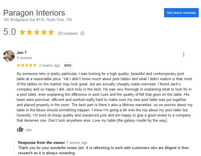 Google Review Paragon Interiors